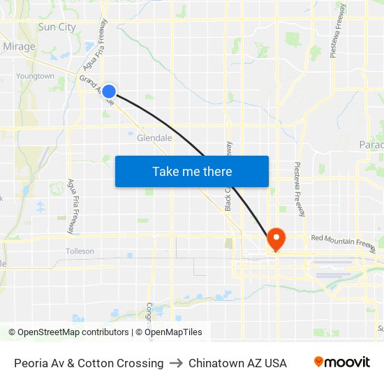 Peoria Av & Cotton Crossing to Chinatown AZ USA map