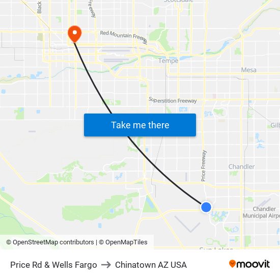 Price Rd & Wells Fargo to Chinatown AZ USA map