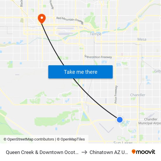 Queen Creek & Downtown Ocotillo to Chinatown AZ USA map