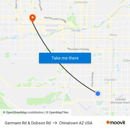 Germann Rd & Dobson Rd to Chinatown AZ USA map