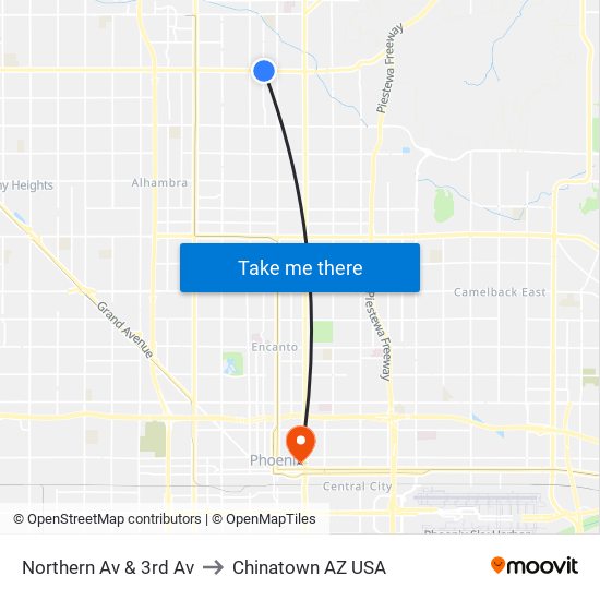 Northern Av & 3rd Av to Chinatown AZ USA map