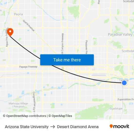 Arizona State University to Desert Diamond Arena map