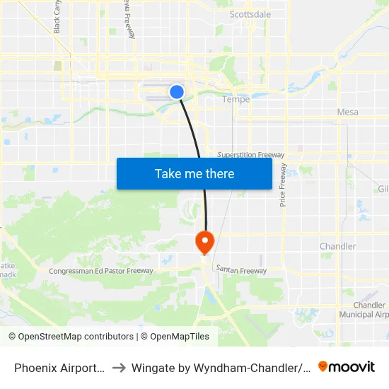 Phoenix Airport PHX to Wingate by Wyndham-Chandler / Phoenix map