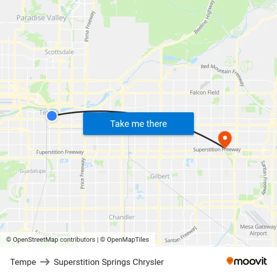 Tempe to Superstition Springs Chrysler map