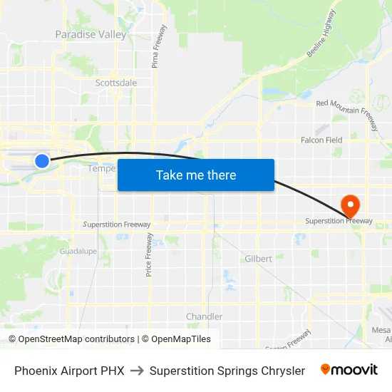 Phoenix Airport PHX to Superstition Springs Chrysler map