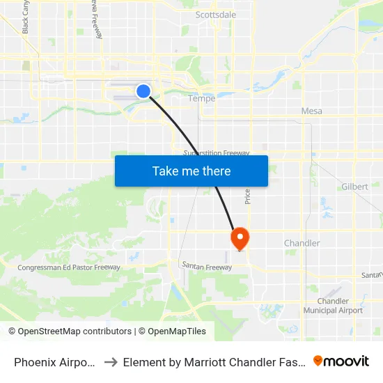 Phoenix Airport PHX to Element by Marriott Chandler Fashion Center map