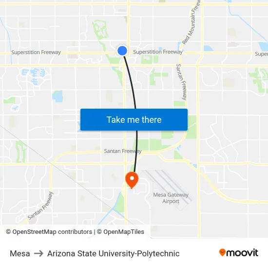 Mesa to Arizona State University-Polytechnic map