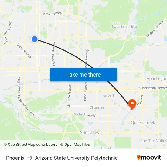 Phoenix to Arizona State University-Polytechnic map