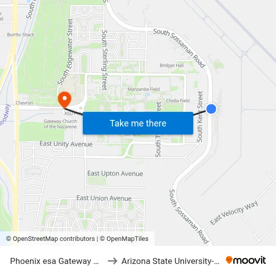 Phoenix esa Gateway Airport AZA to Arizona State University-Polytechnic map