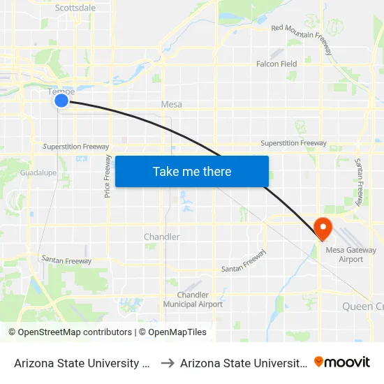 Arizona State University Tempe campus to Arizona State University-Polytechnic map