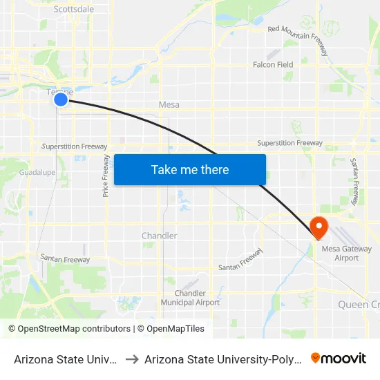 Arizona State University to Arizona State University-Polytechnic map
