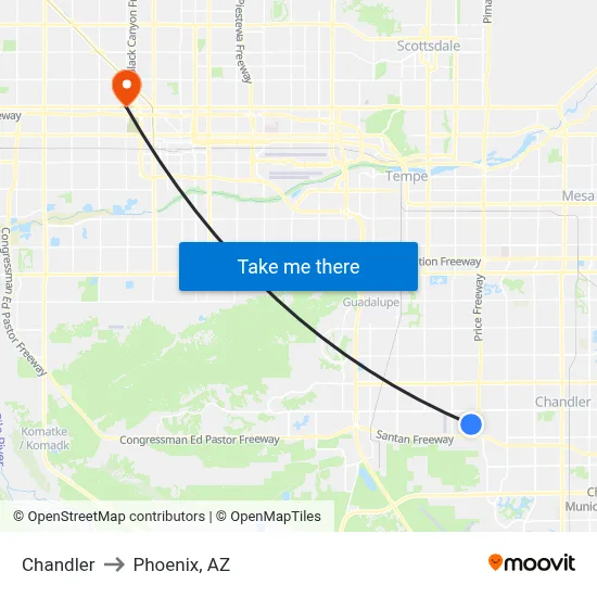 Chandler to Phoenix, AZ map