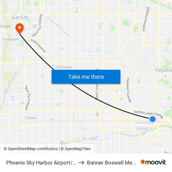 Phoenix Sky Harbor Airport/44th Street Station to Banner Boswell Memorial Hospital map