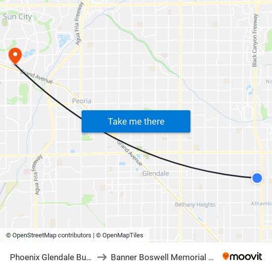 Phoenix Glendale Bus Stop to Banner Boswell Memorial Hospital map