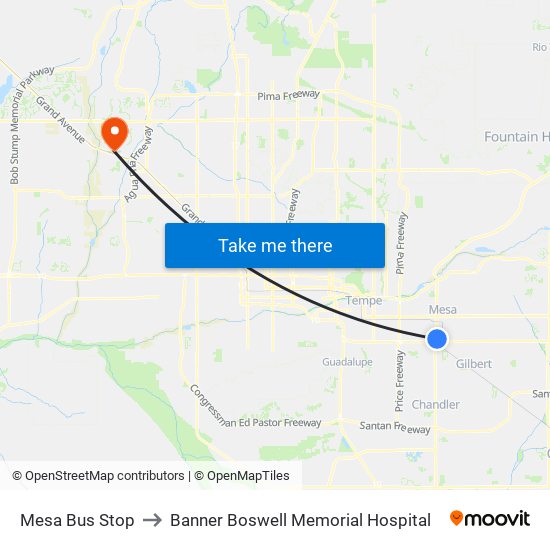 Mesa Bus Stop to Banner Boswell Memorial Hospital map