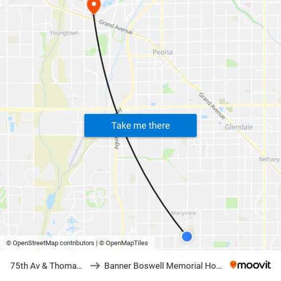 75th Av & Thomas Rd to Banner Boswell Memorial Hospital map