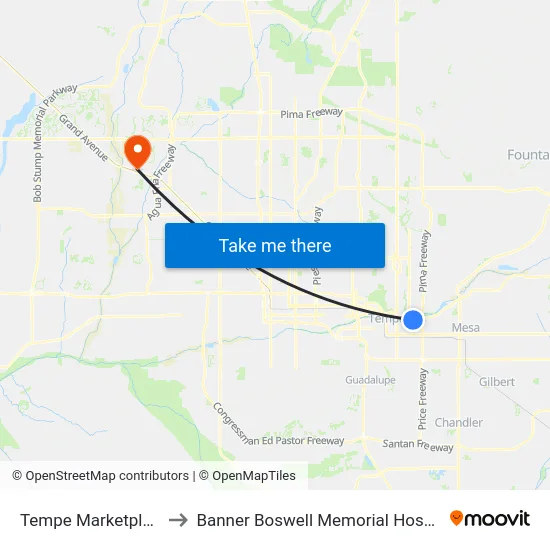Tempe Marketplace to Banner Boswell Memorial Hospital map
