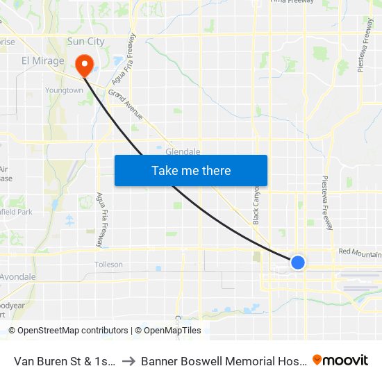 Van Buren St & 1st St to Banner Boswell Memorial Hospital map