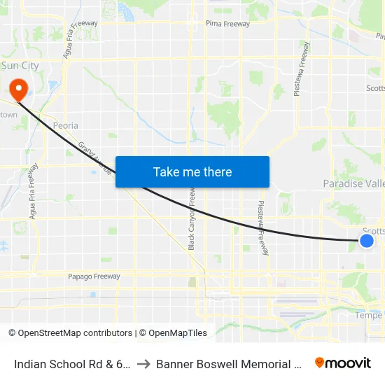 Indian School Rd & 64th St to Banner Boswell Memorial Hospital map