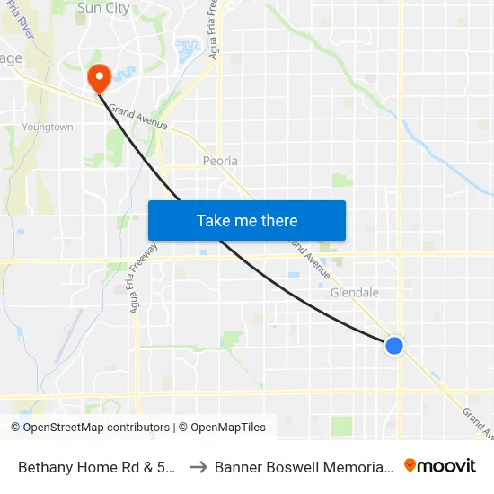 Bethany Home Rd & 5200 West to Banner Boswell Memorial Hospital map