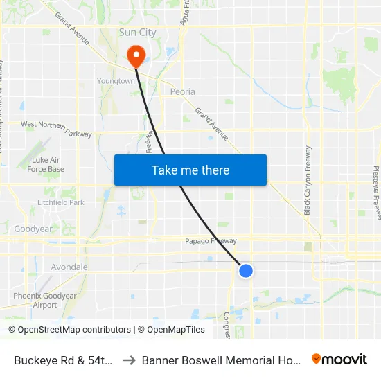Buckeye Rd & 54th Av to Banner Boswell Memorial Hospital map