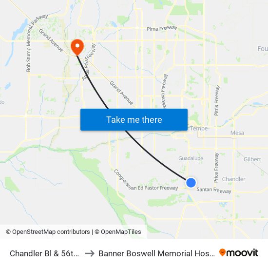 Chandler Bl & 56th St to Banner Boswell Memorial Hospital map