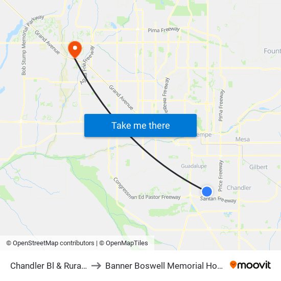 Chandler Bl & Rural Rd to Banner Boswell Memorial Hospital map