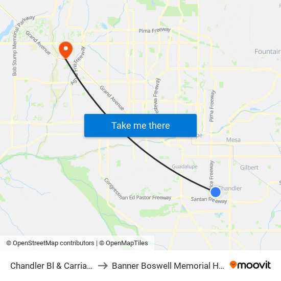 Chandler Bl & Carriage Ln to Banner Boswell Memorial Hospital map