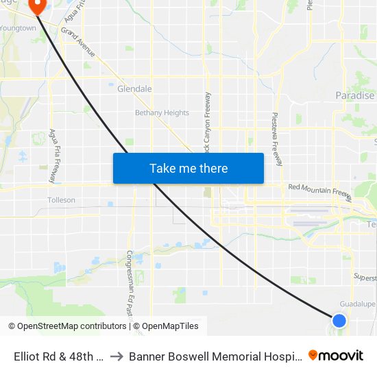Elliot Rd & 48th St to Banner Boswell Memorial Hospital map