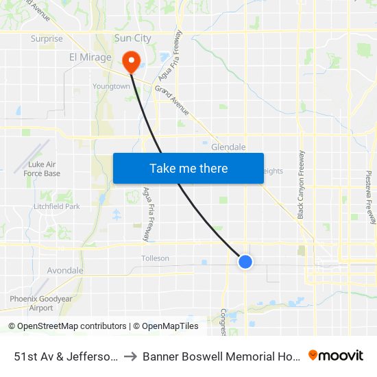 51st Av & Jefferson St to Banner Boswell Memorial Hospital map