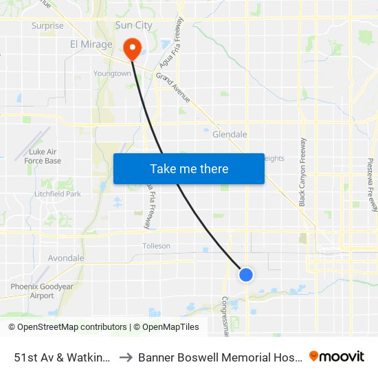 51st Av & Watkins St to Banner Boswell Memorial Hospital map