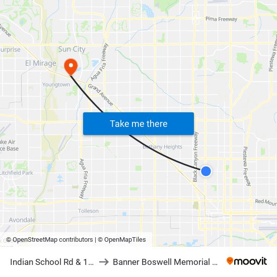 Indian School Rd & 19th Av to Banner Boswell Memorial Hospital map