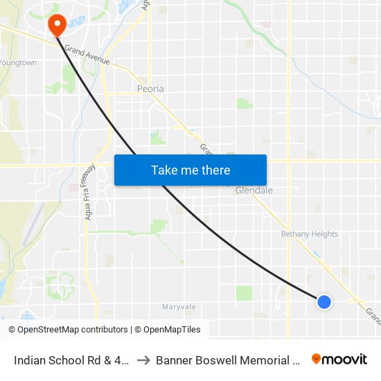 Indian School Rd & 43rd Av to Banner Boswell Memorial Hospital map