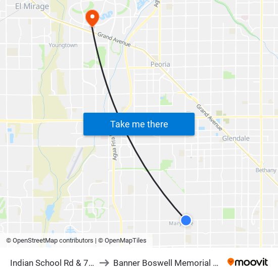 Indian School Rd & 75th Av to Banner Boswell Memorial Hospital map