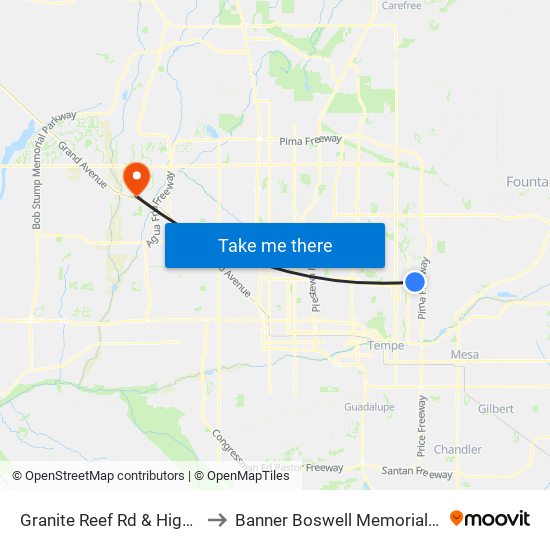 Granite Reef Rd & Highland Av to Banner Boswell Memorial Hospital map