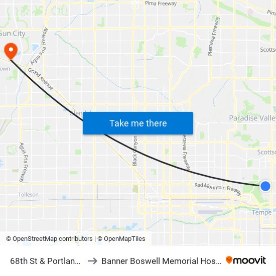 68th St & Portland St to Banner Boswell Memorial Hospital map