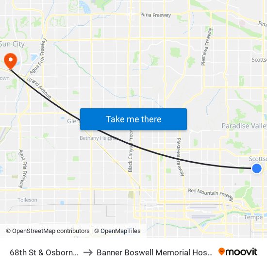 68th St & Osborn Rd to Banner Boswell Memorial Hospital map