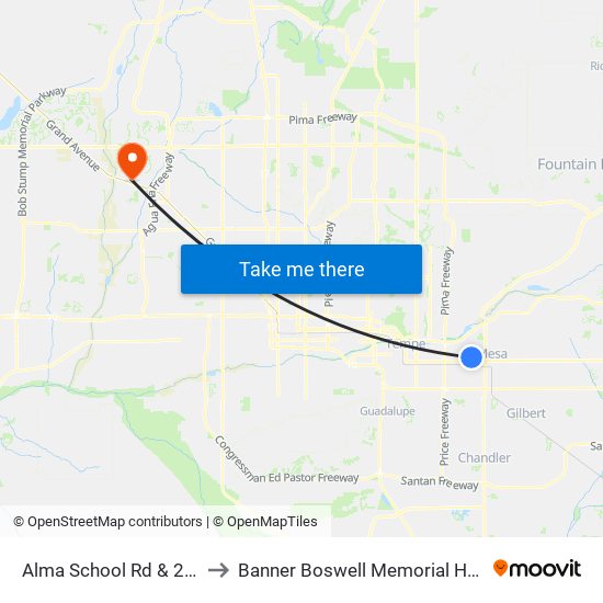 Alma School Rd & 2nd St to Banner Boswell Memorial Hospital map