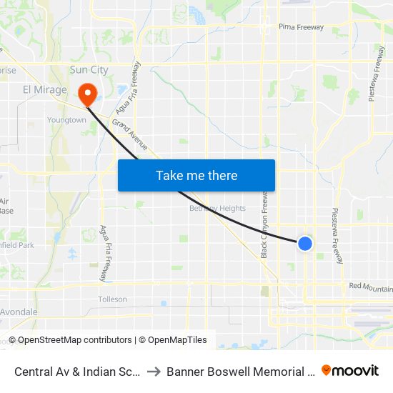 Central Av & Indian School Rd to Banner Boswell Memorial Hospital map