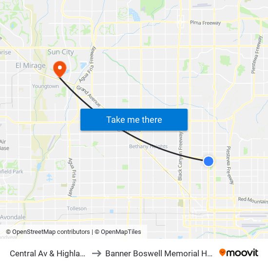 Central Av & Highland Av to Banner Boswell Memorial Hospital map