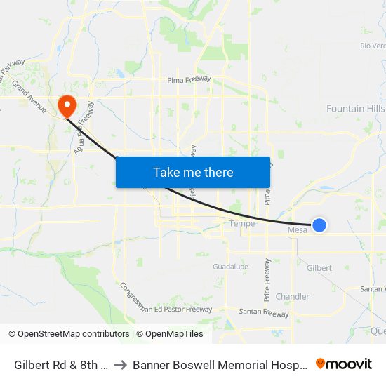 Gilbert Rd & 8th St to Banner Boswell Memorial Hospital map