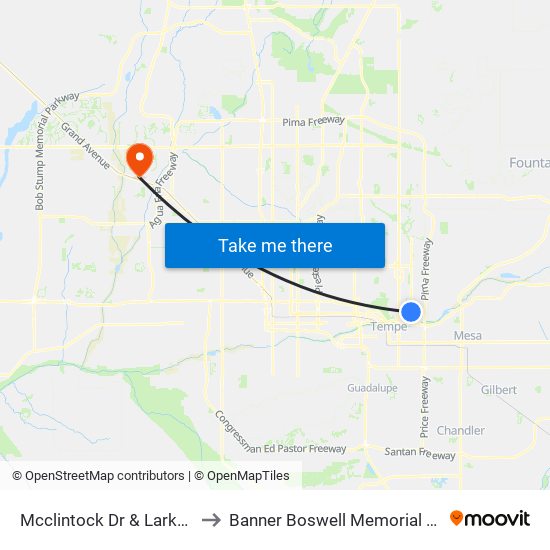 Mcclintock Dr & Larkspur Ln to Banner Boswell Memorial Hospital map