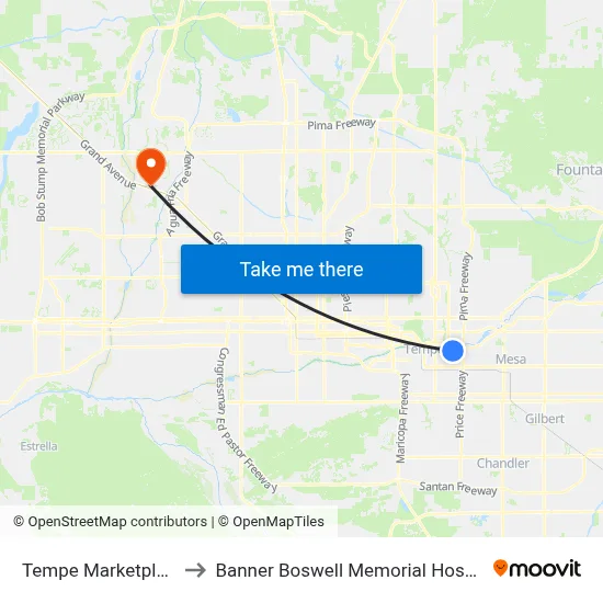 Tempe Marketplace to Banner Boswell Memorial Hospital map
