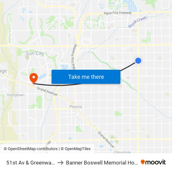 51st Av & Greenway Rd to Banner Boswell Memorial Hospital map