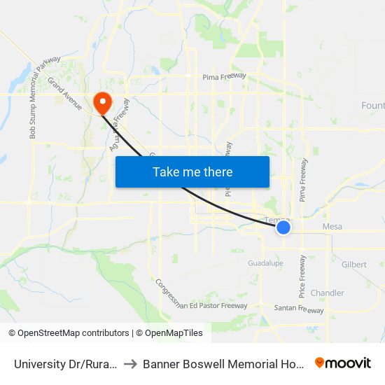 University Dr/Rural Rd to Banner Boswell Memorial Hospital map