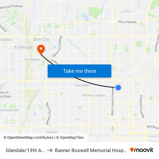 Glendale/19th Ave to Banner Boswell Memorial Hospital map
