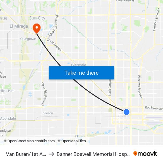 Van Buren/1st Ave to Banner Boswell Memorial Hospital map