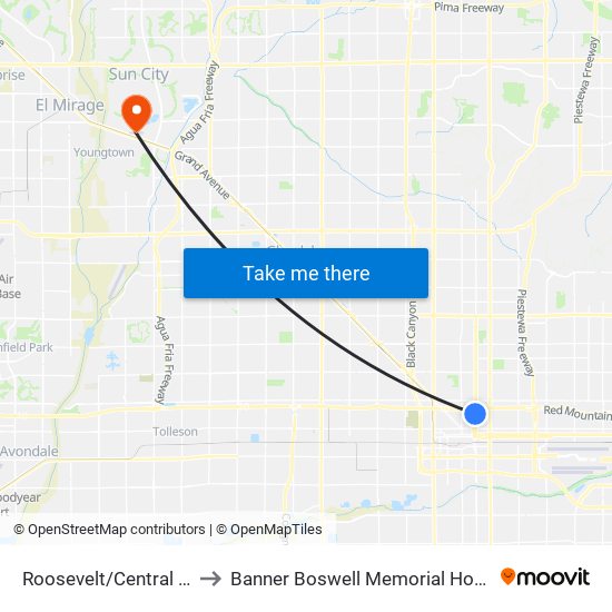 Roosevelt/Central Ave to Banner Boswell Memorial Hospital map