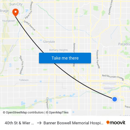 40th St & Wier Av to Banner Boswell Memorial Hospital map