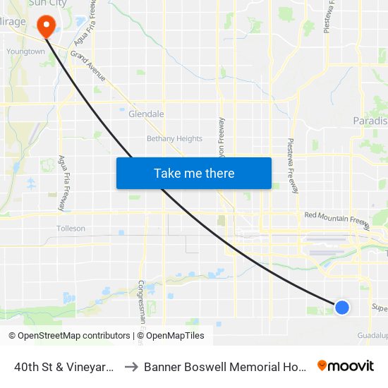 40th St & Vineyard Rd to Banner Boswell Memorial Hospital map